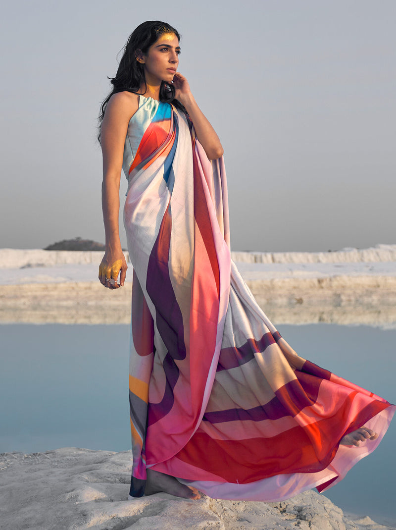 Colour-block satin silk blend saree with digital prints - TrendOye