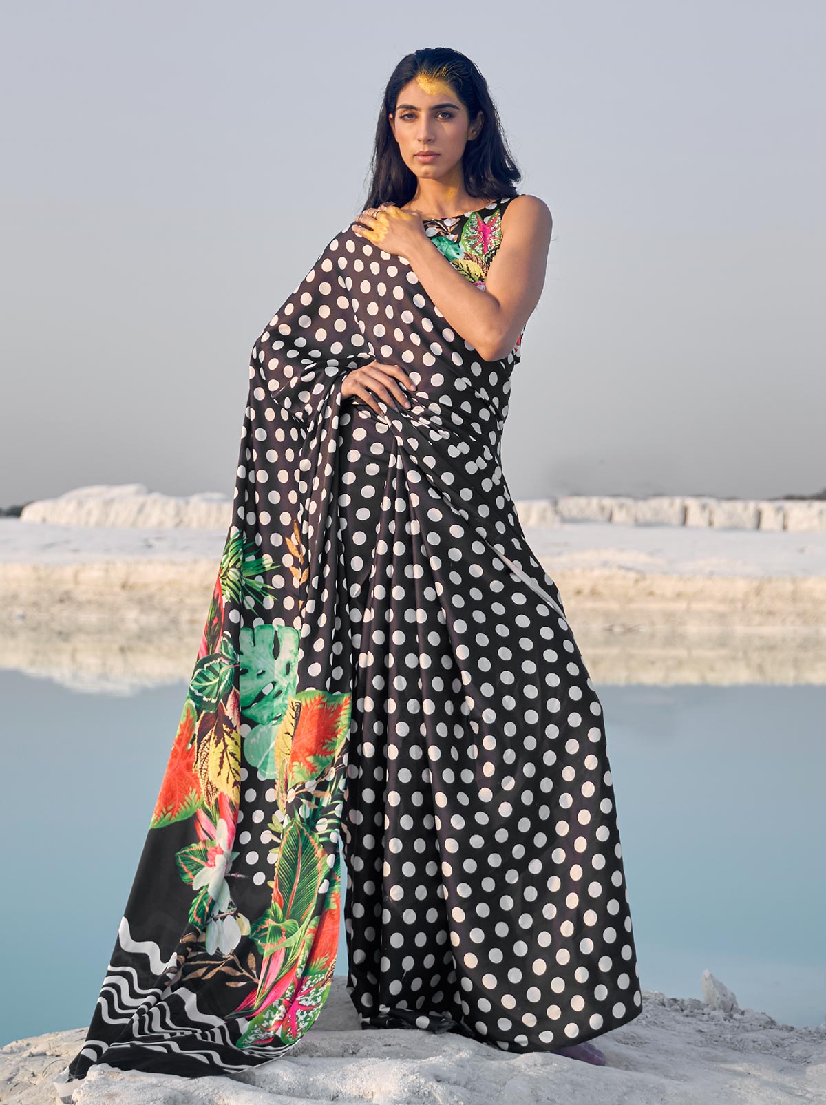 Bold Black Coloured Digital Print Satin Saree - TrendOye