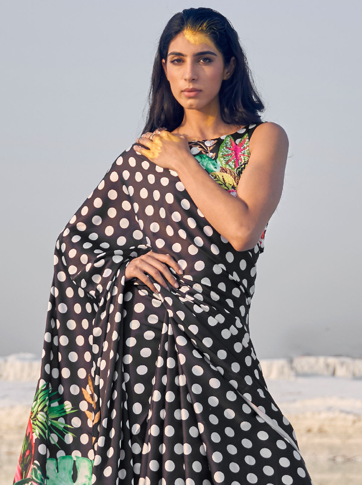 Bold Black Coloured Digital Print Satin Saree - TrendOye