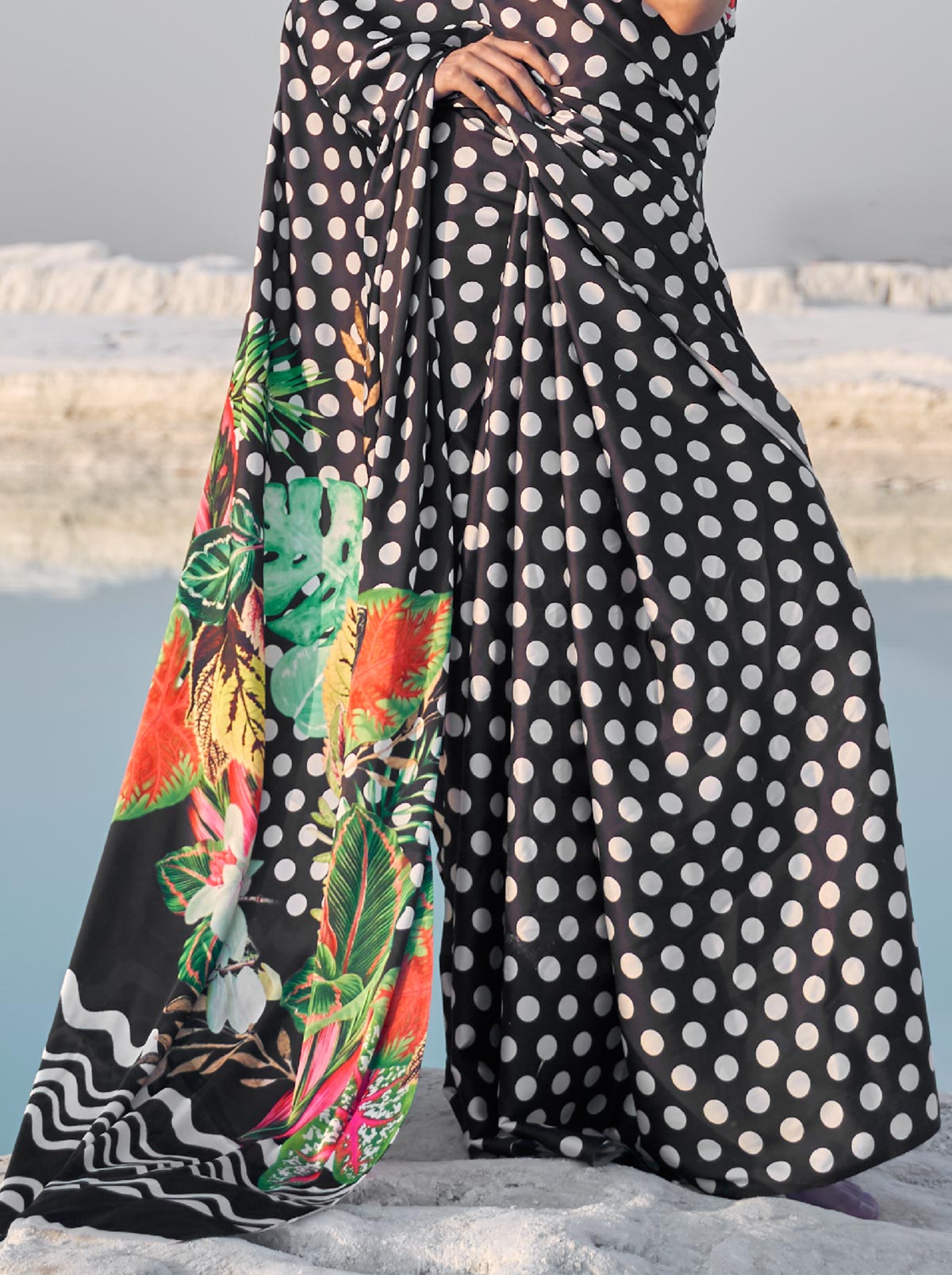 Bold Black Coloured Digital Print Satin Saree - TrendOye