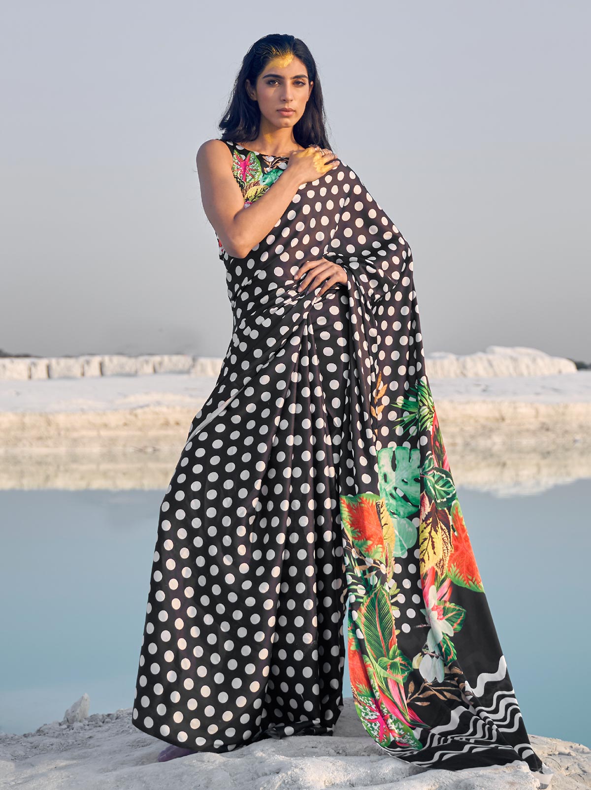 Bold Black Coloured Digital Print Satin Saree - TrendOye