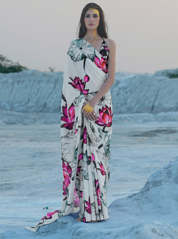 Elegant White Coloured Digital Print Satin Saree - TrendOye