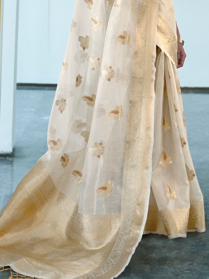 Regal Daisy Organza Saree With Golden Zari Work - TrendOye