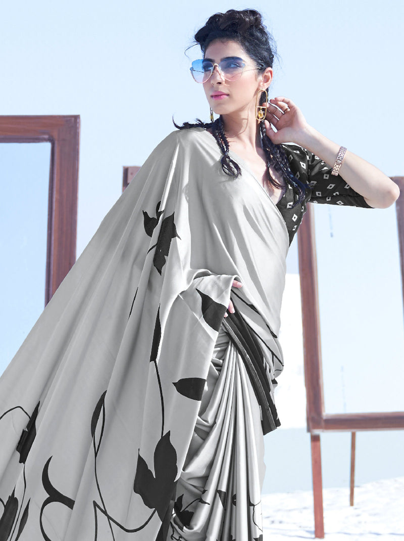 Splendid Grey Coloured Digital Print Art Satin Saree - TrendOye
