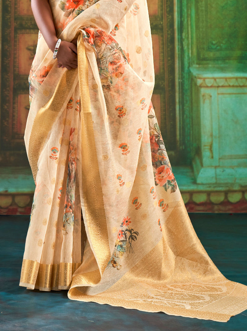 Blooming Beige Color TrendOye Saree With Blouse Fabric - TrendOye