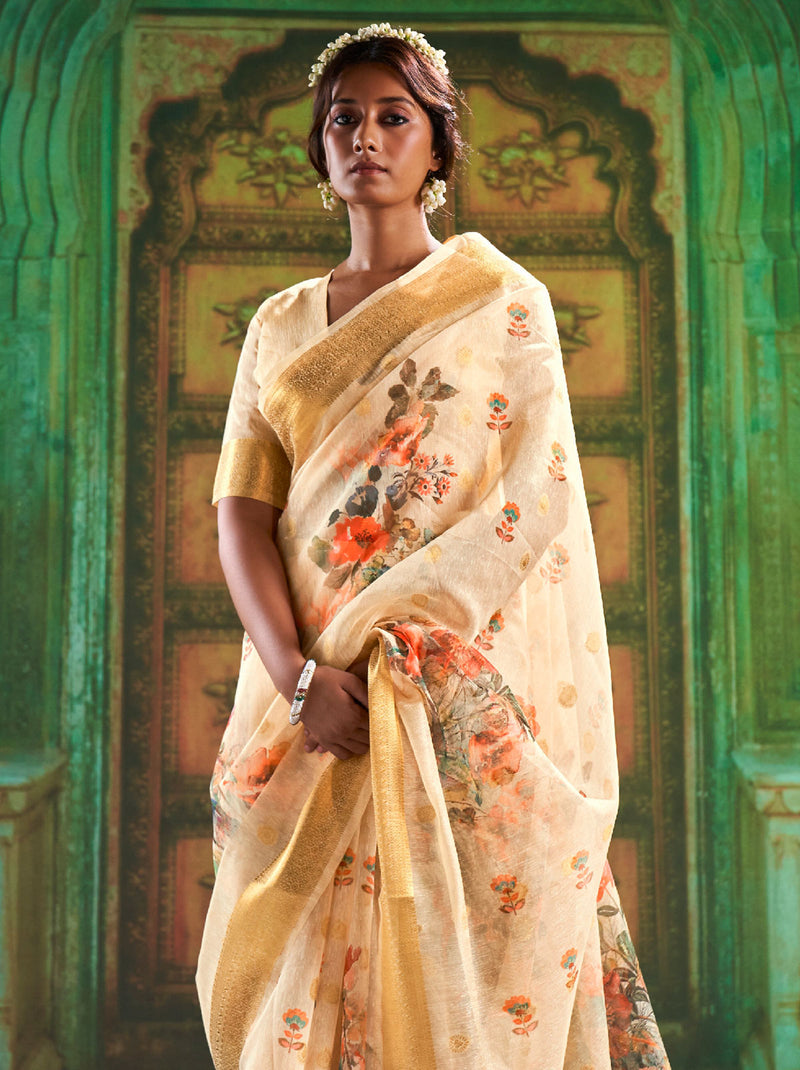 Blooming Beige Color TrendOye Saree With Blouse Fabric - TrendOye