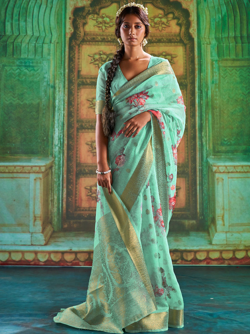Contemporary Green Soft Silk Saree With Fancy Blouse Fabric – TrendOye