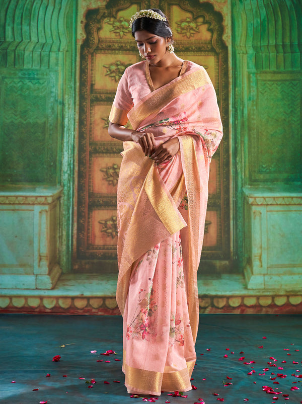 Pastel Pink Saree With Fancy Blouse Fabric - TrendOye