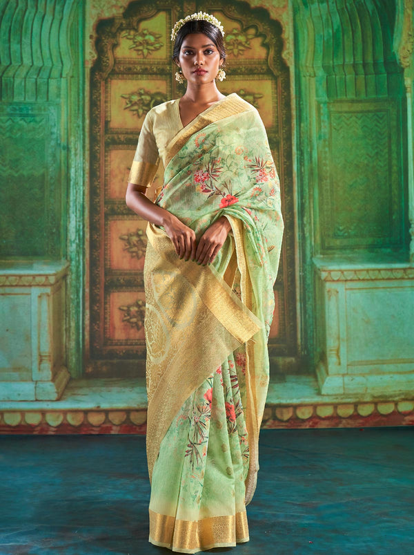 Contemporary Green Soft Silk Saree With Fancy Blouse Fabric - TrendOye