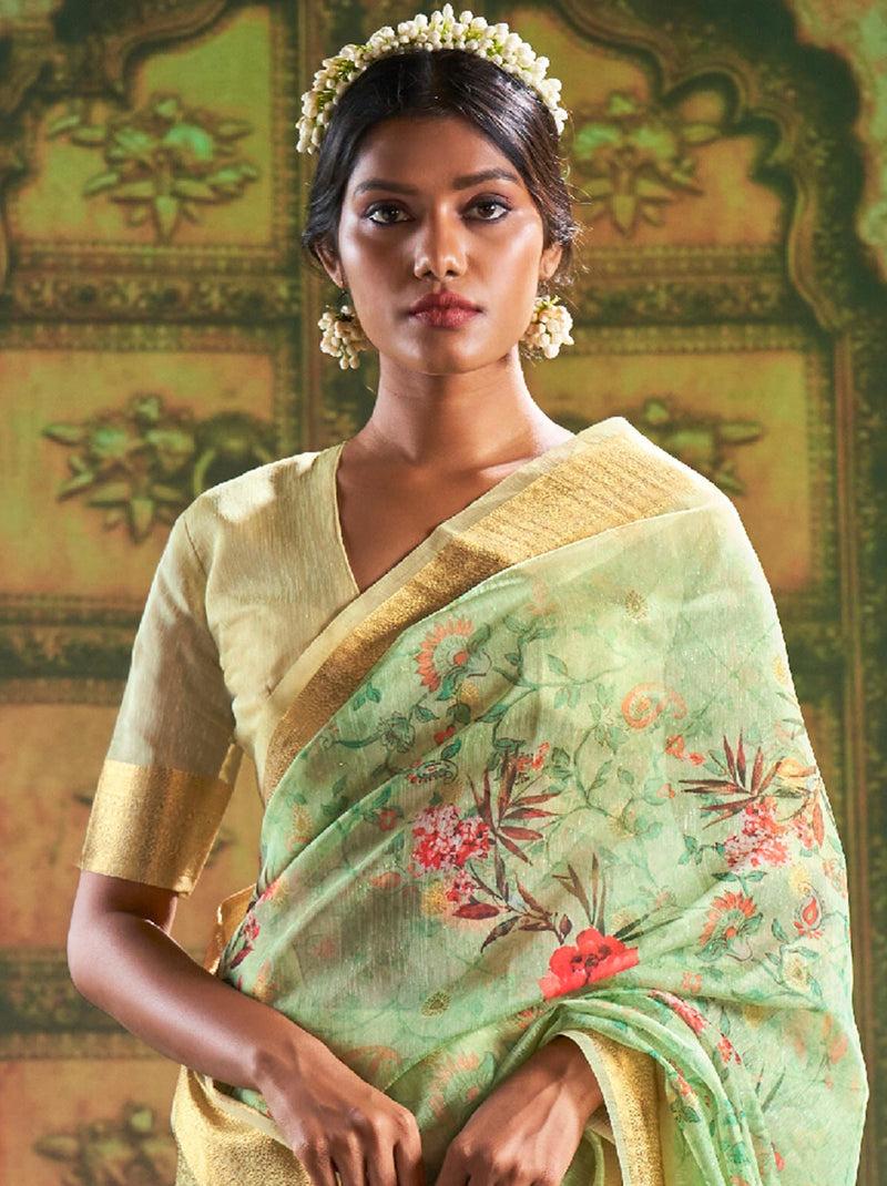 Contemporary Green Soft Silk Saree With Fancy Blouse Fabric - TrendOye