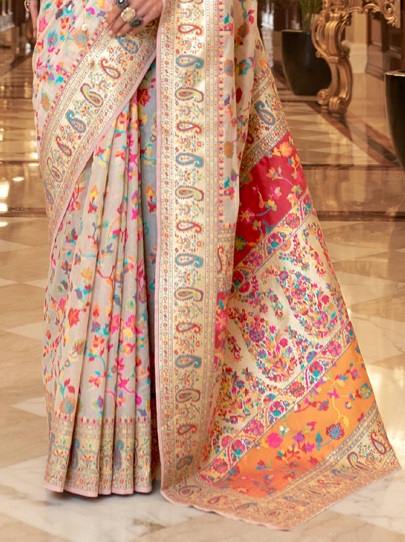 Cream Kashmiri Embroidered TrendOye Saree With Unstitched Blouse Fabric - TrendOye