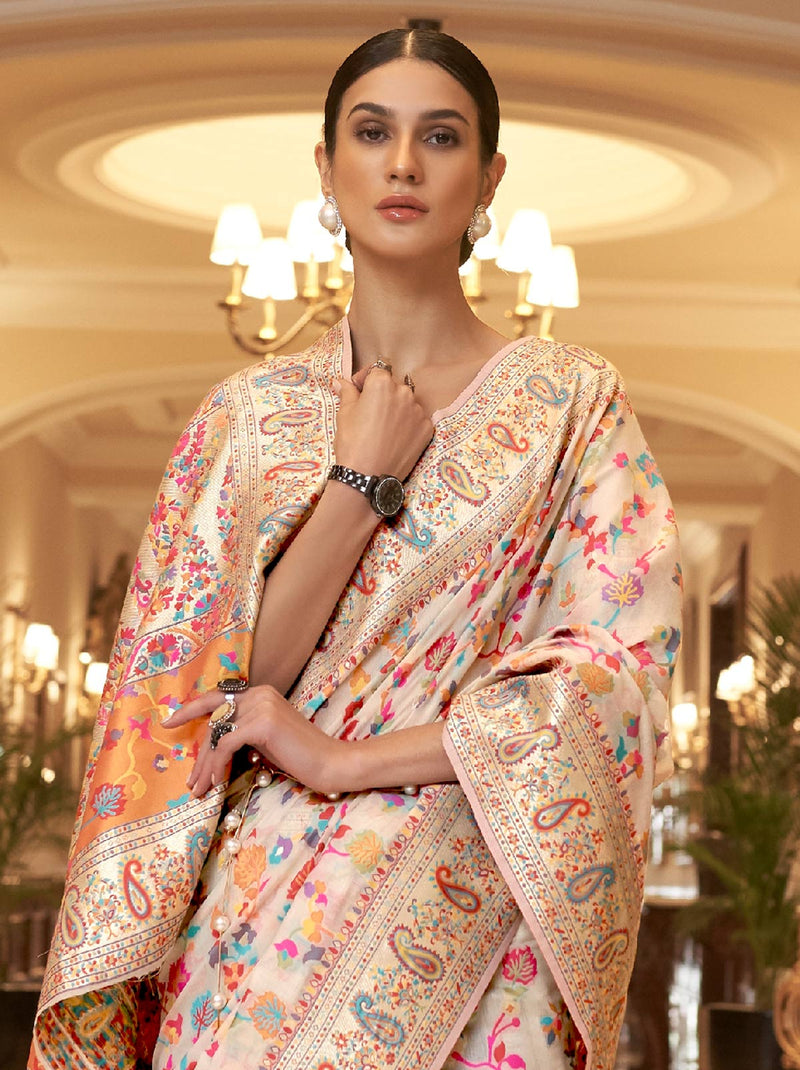 Cream Kashmiri Embroidered TrendOye Saree With Unstitched Blouse Fabric - TrendOye