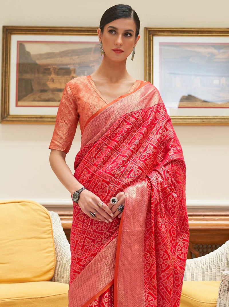 Charm It With Red TrendOye Saree With Unstitched Blouse Fabric - TrendOye