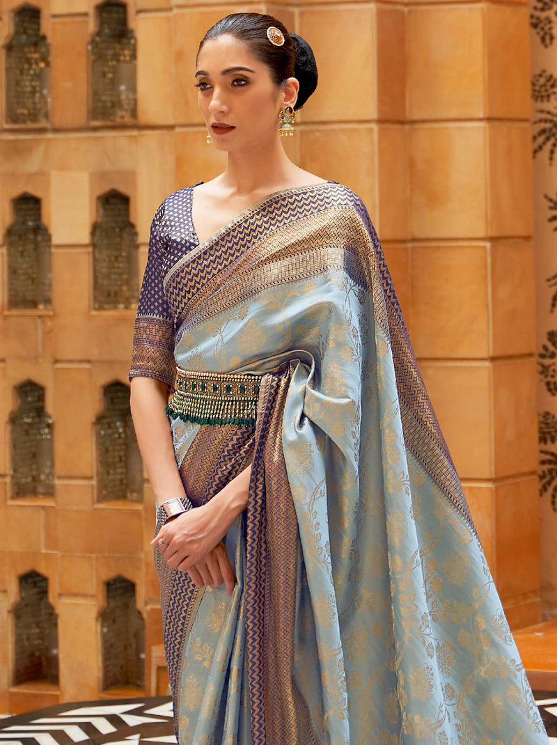 Gorgeous Grey Kanjivaram Designer Saree With Unstitched Blouse - TrendOye