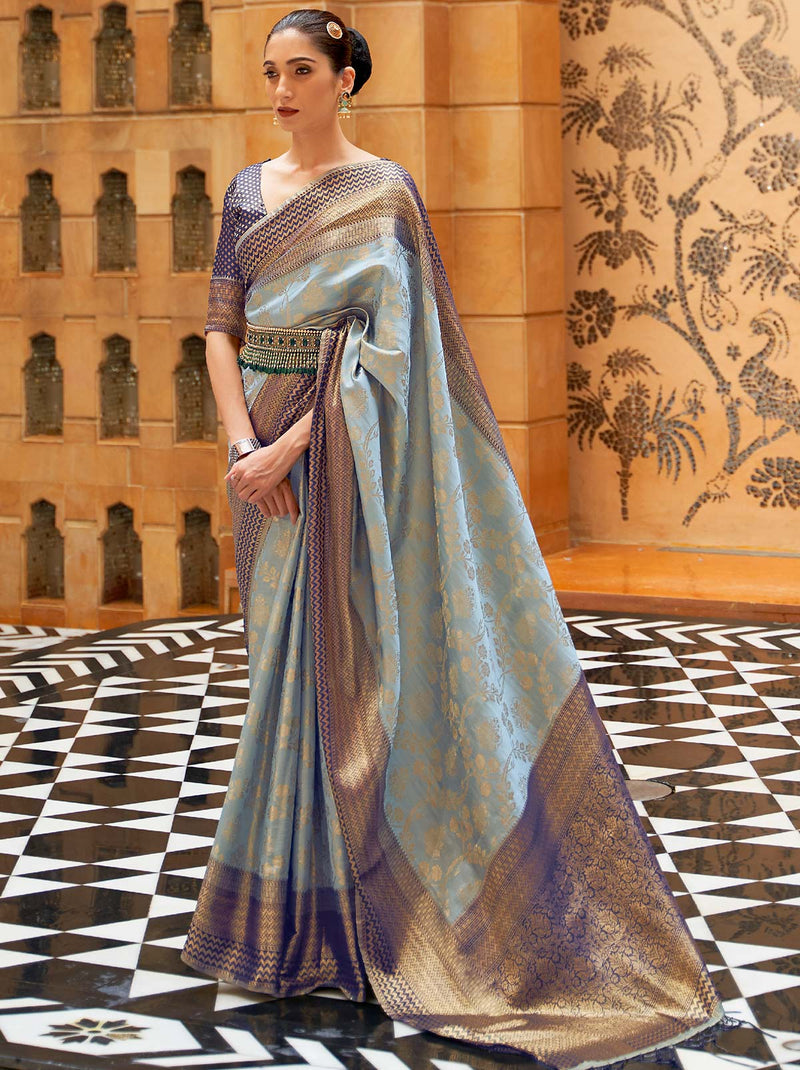 Gorgeous Grey Kanjivaram Designer Saree With Unstitched Blouse - TrendOye