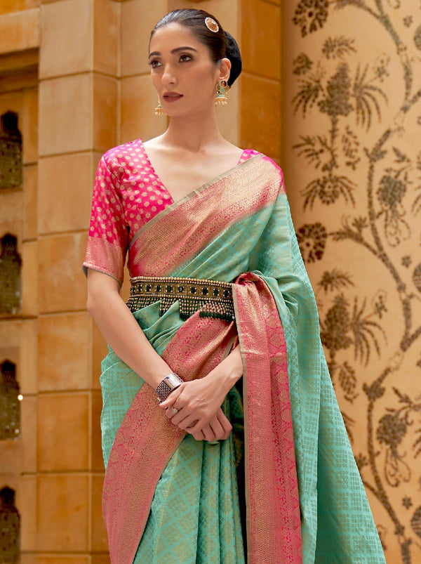 Calm Green TrendOye Saree With Contrast Pink Polka Dot Unstitched Blouse - TrendOye