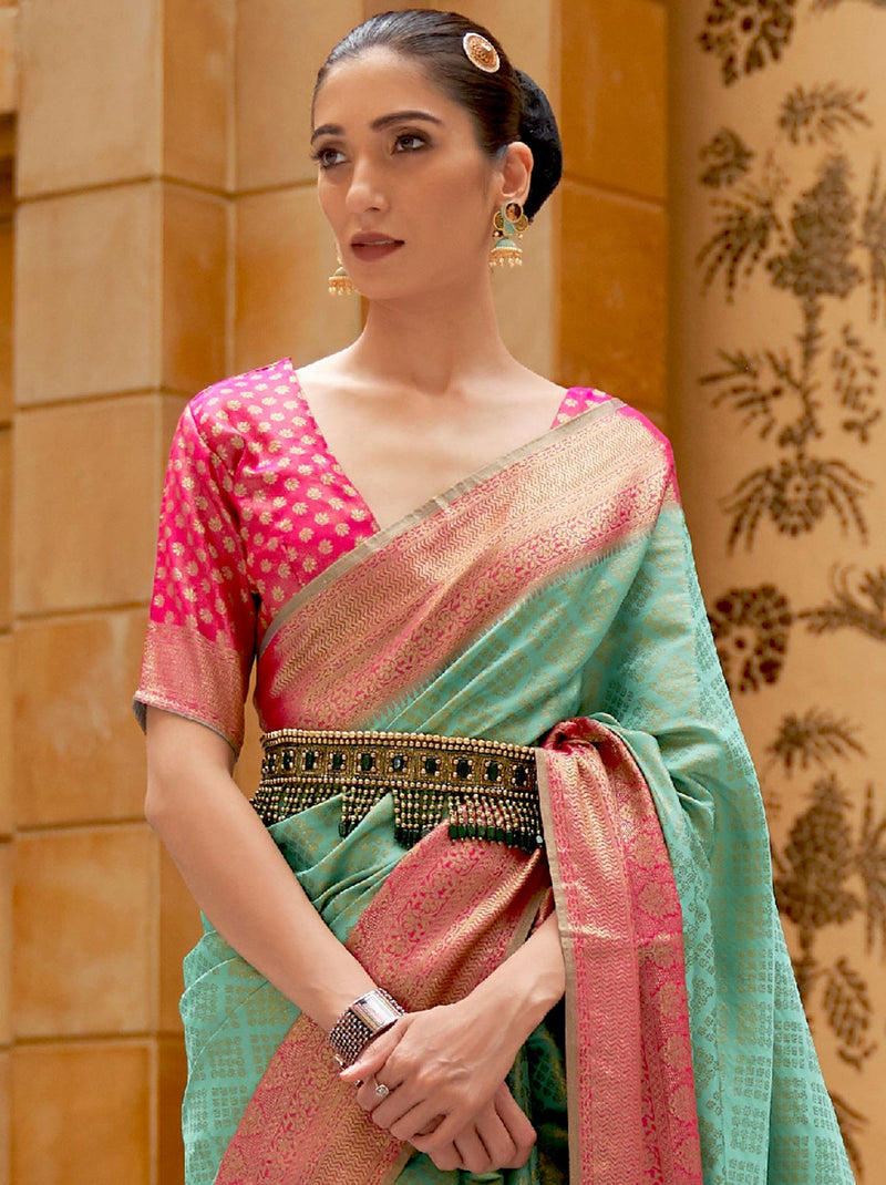 Calm Green TrendOye Saree With Contrast Pink Polka Dot Unstitched Blouse - TrendOye