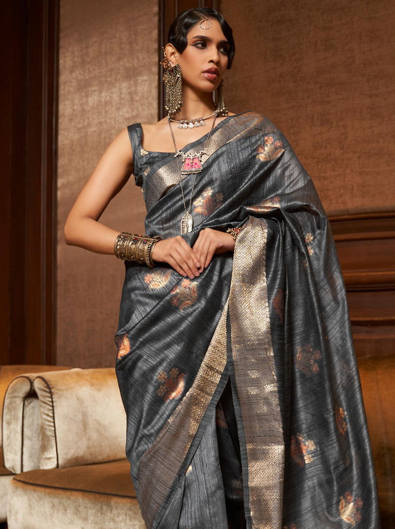 Grey TrendOye Handloom designer Saree With Unstitched Blouse - TrendOye