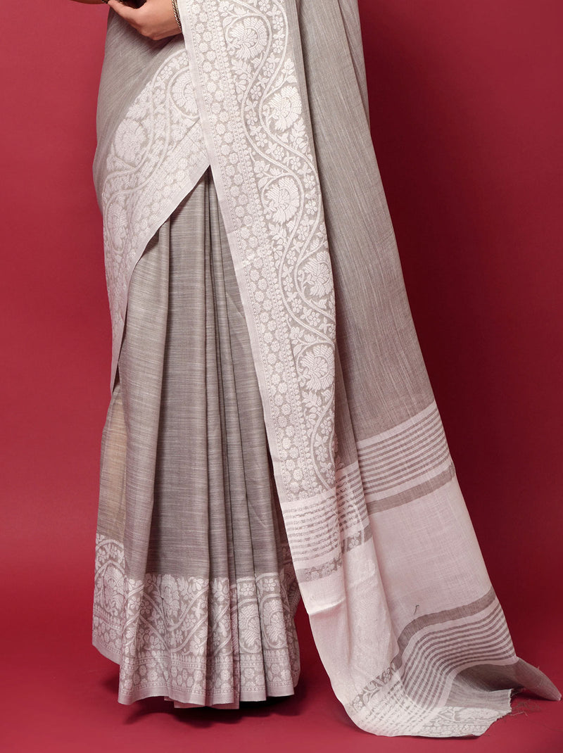 Gladiant Grey TrendOye Linen Saree With Chikankari Borders Detailing - TrendOye