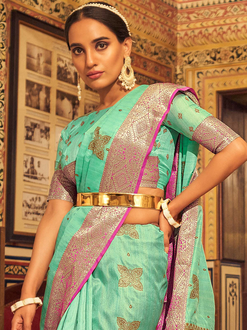 Shining Turquoise TrendOye Saree With Soft Gold Zari Detailing - TrendOye