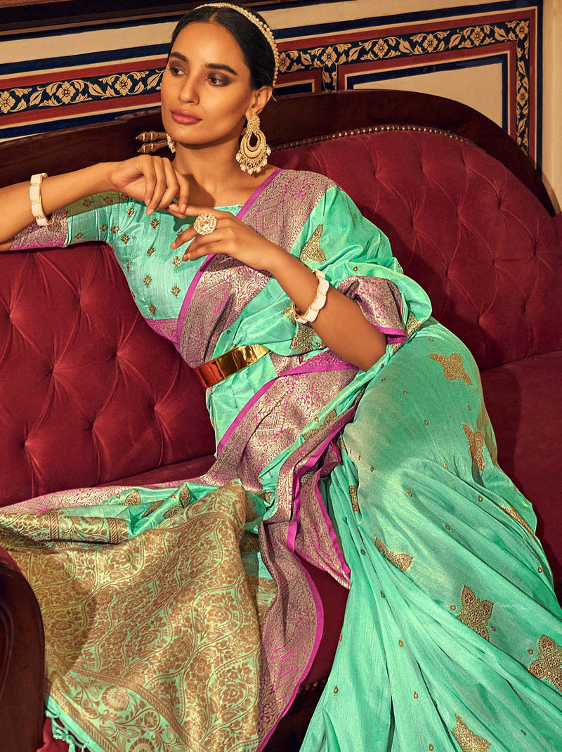 Shining Turquoise TrendOye Saree With Soft Gold Zari Detailing - TrendOye