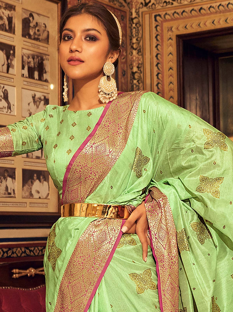 Glorified Green TrendOye Saree With Soft Gold Zari Detailing - TrendOye