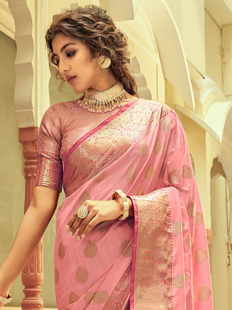 Fluorescent pink TrendyOye saree with soft silk gold zari embracings - TrendOye