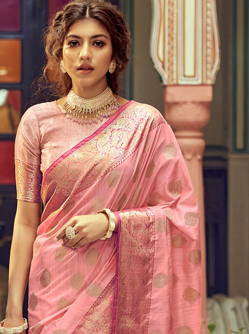 Fluorescent pink TrendyOye saree with soft silk gold zari embracings - TrendOye