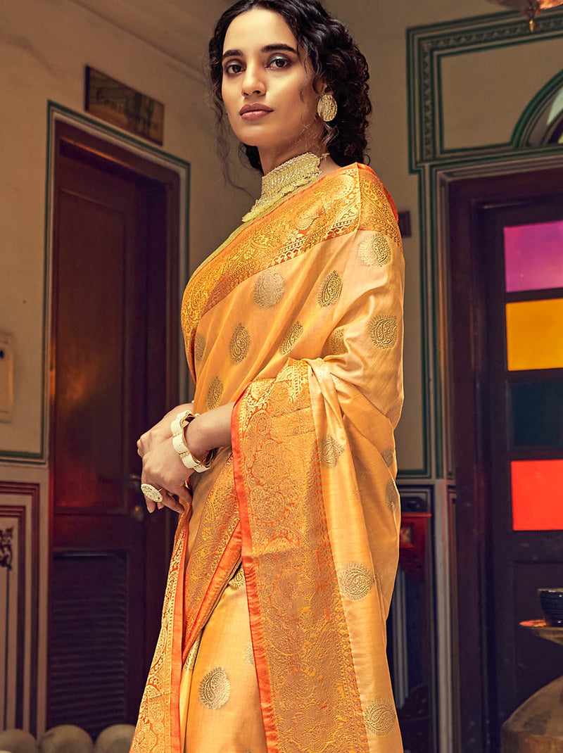 Mustard TrendOye Saree Embraced With Soft Silk Gold Zari Work - TrendOye