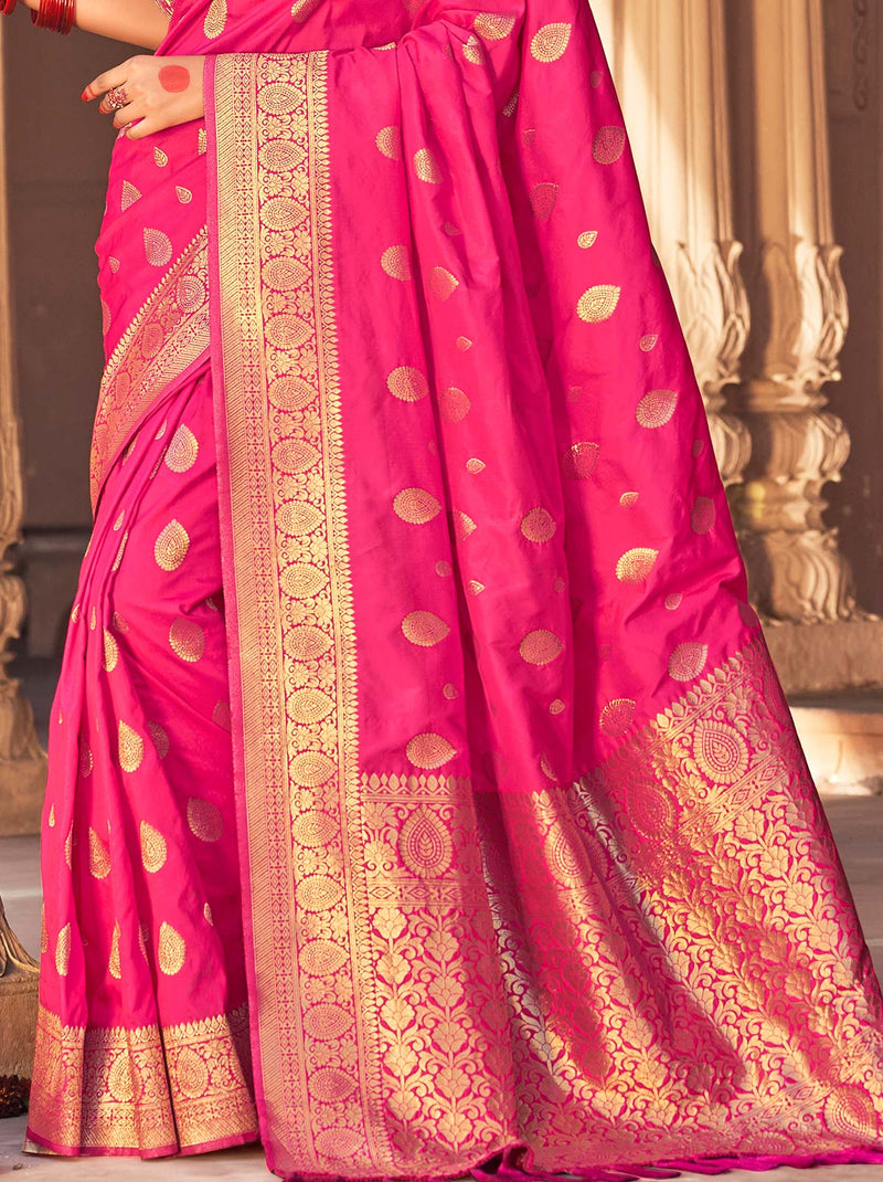 Extravagant Pink TrendOye Saree With Banarasi Silk Leafy Designs Detailing - TrendOye