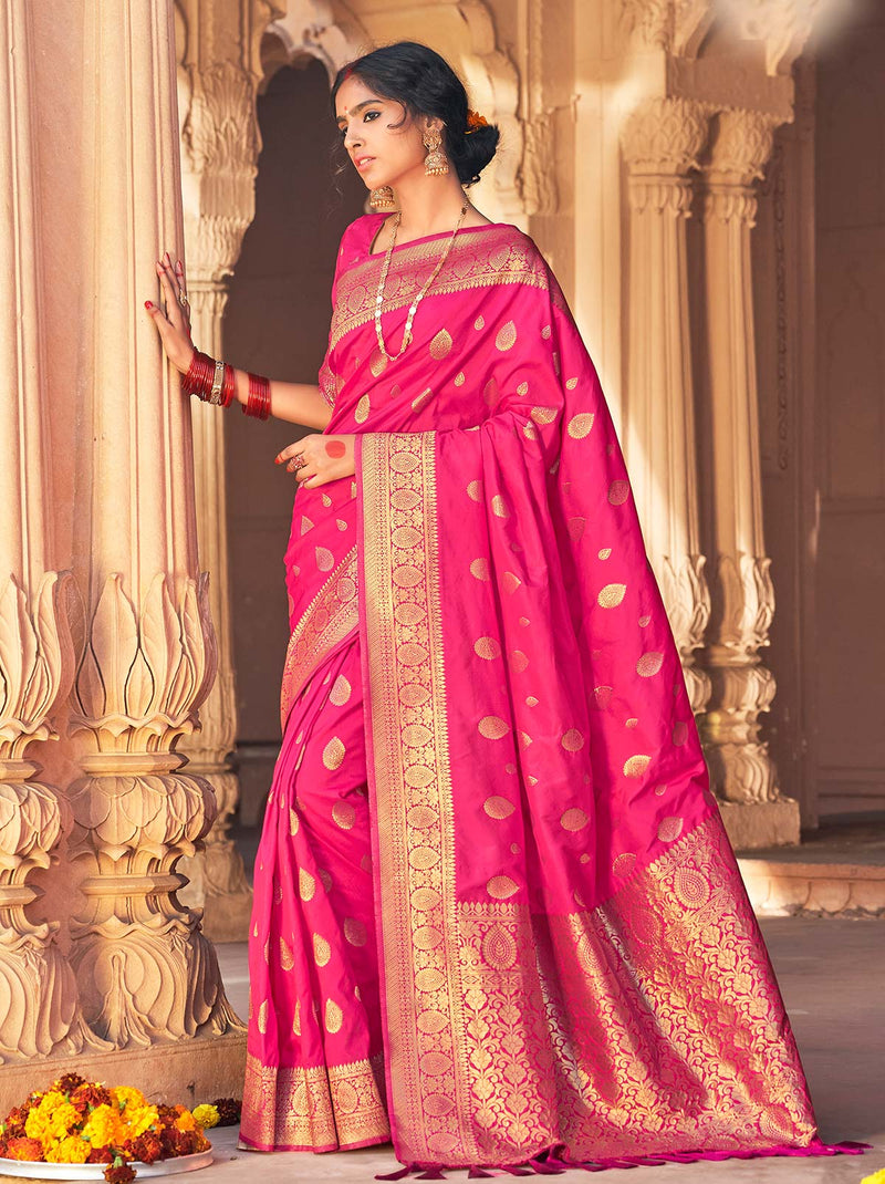 Extravagant Pink TrendOye Saree With Banarasi Silk Leafy Designs Detailing - TrendOye