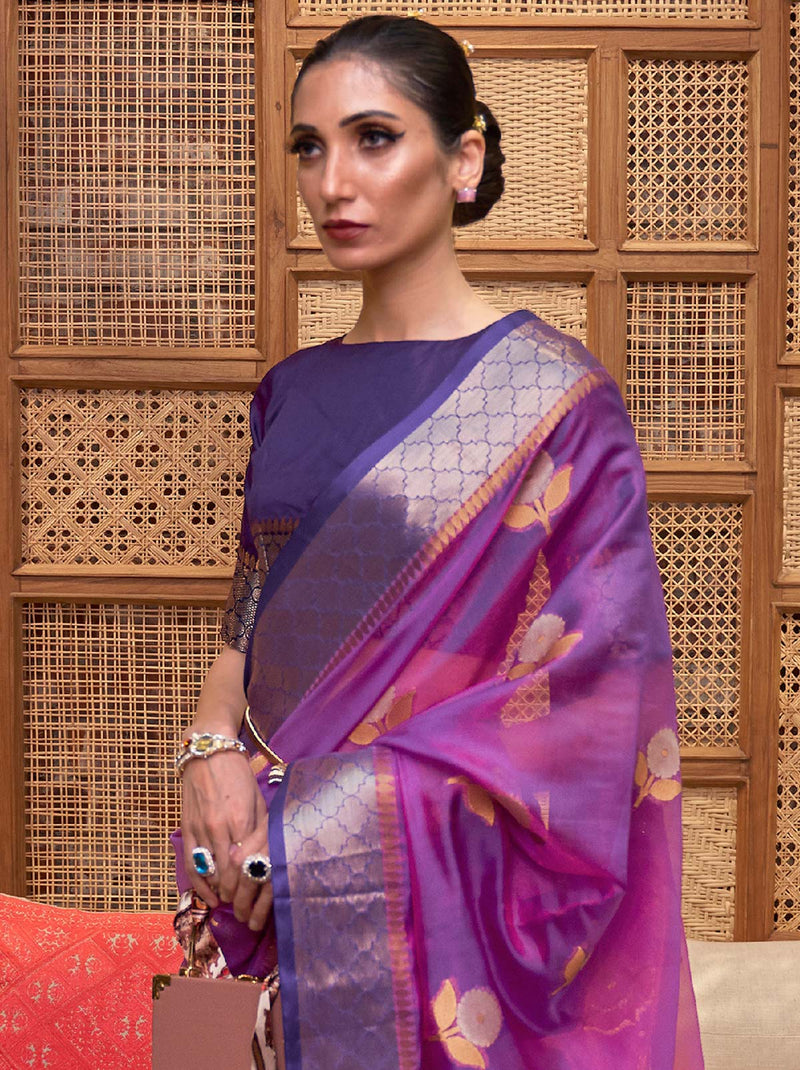 Purple TrendOye Saree With Gold Zari Design Detailing - TrendOye