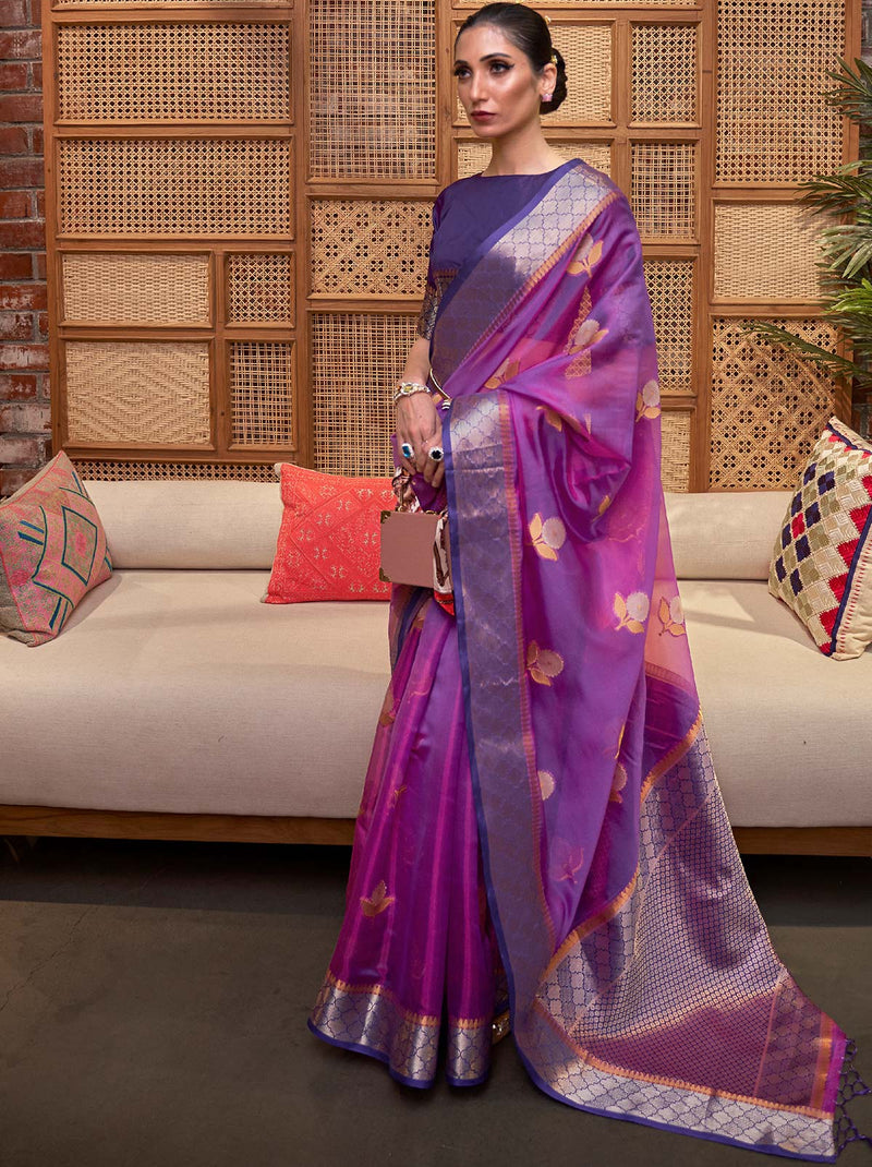 Purple TrendOye Saree With Gold Zari Design Detailing - TrendOye