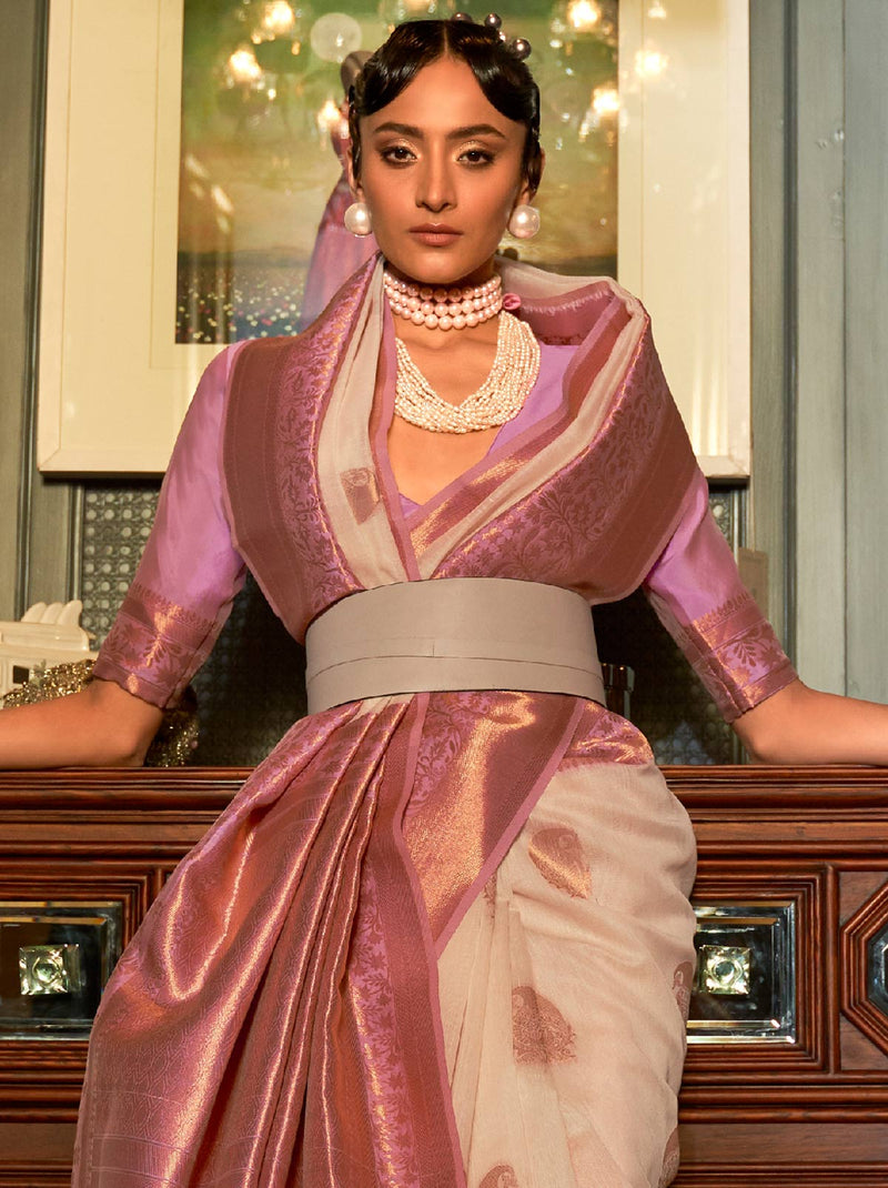 Striking vivid creme TrendyOye saree with artistry embeddings of copper zari design - TrendOye