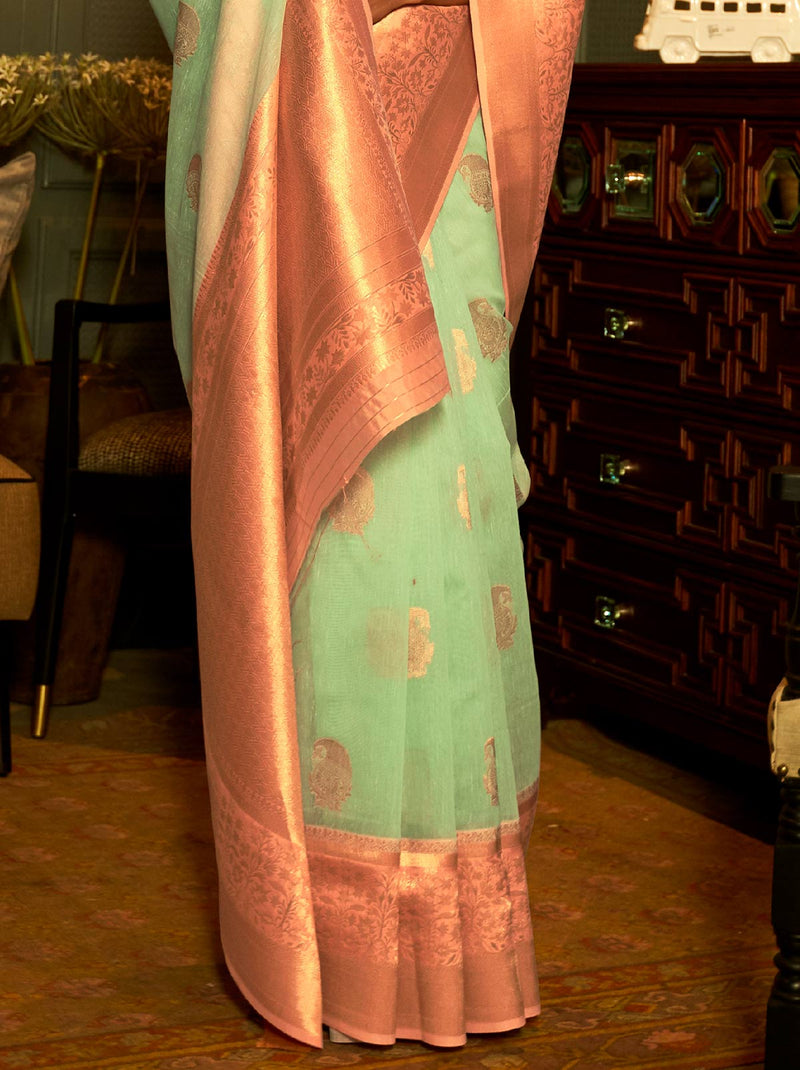 Serene Turquoise TrendyOye saree with designer carvings of copper zari - TrendOye