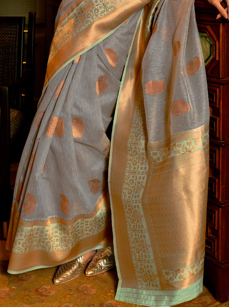 Shimmy grey TrendyOye saree with embeddings of copper zari design - TrendOye