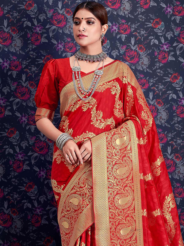 Authentic red TrendyOye saree with pure embeddings of zari design - TrendOye