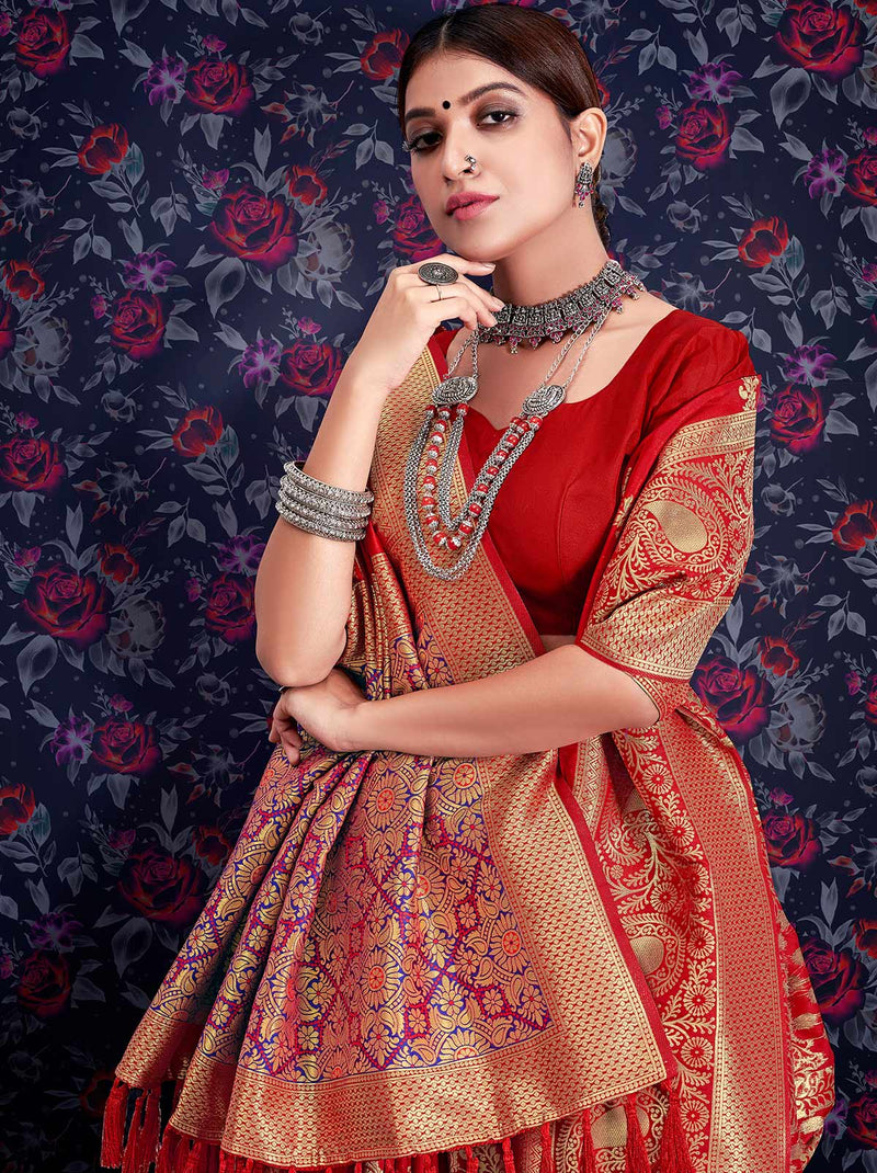Authentic red TrendyOye saree with pure embeddings of zari design - TrendOye