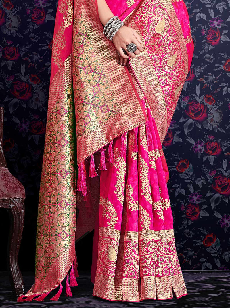 Pink TrendOye Saree With Golden Zari Embedded Design Detailing - TrendOye