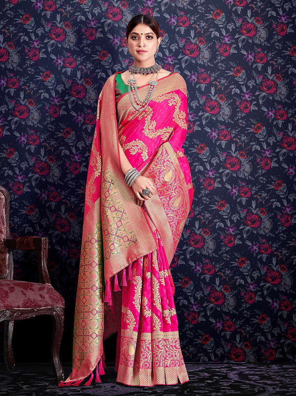 Pink TrendOye Saree With Golden Zari Embedded Design Detailing - TrendOye