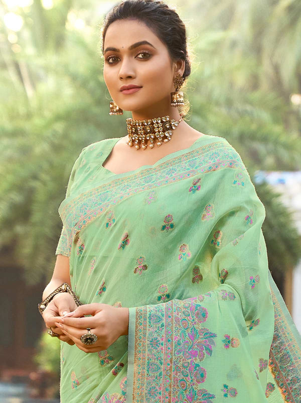 Gold Buta Weaving Saree with Linen Silk Blend - TrendOye