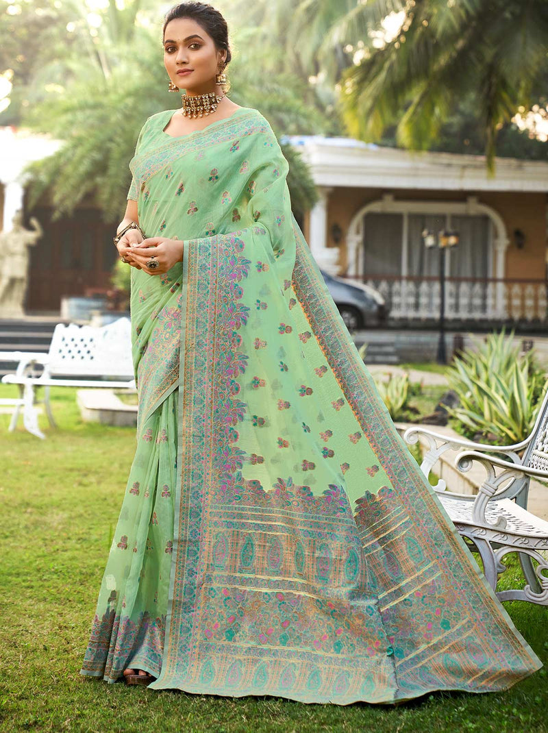 Gold Buta Weaving Saree with Linen Silk Blend - TrendOye