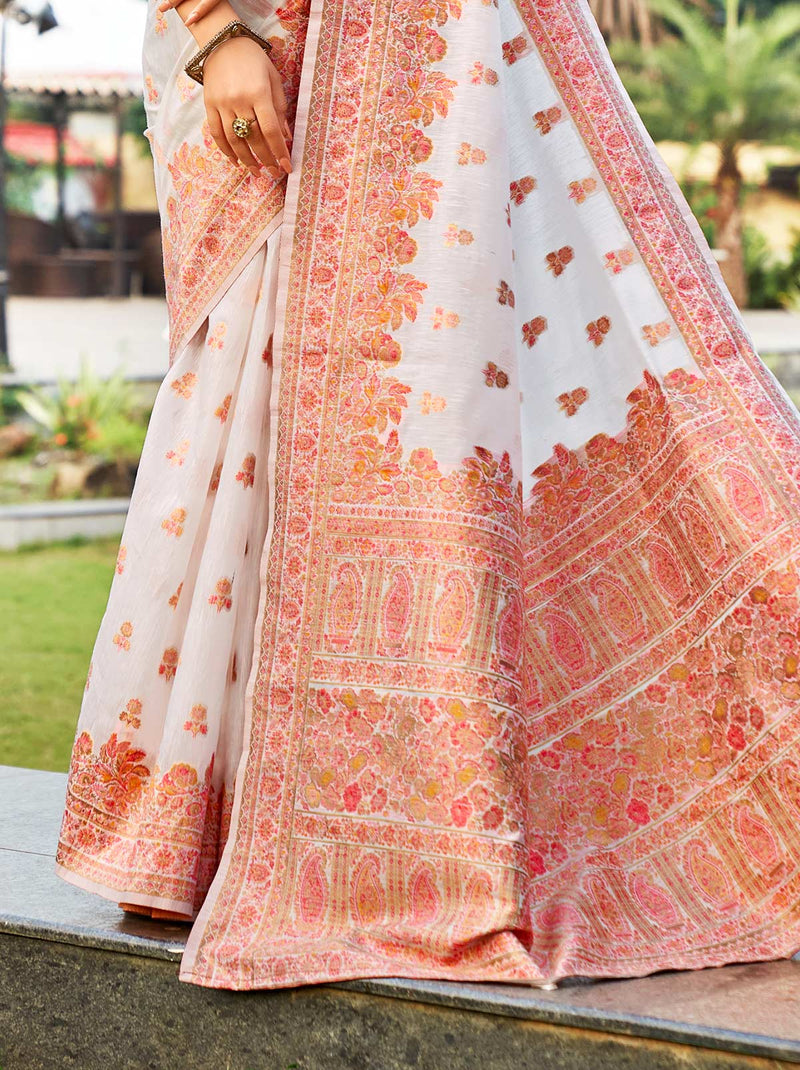 Stunning White Silk Saree with Red Buta Thread Work - TrendOye