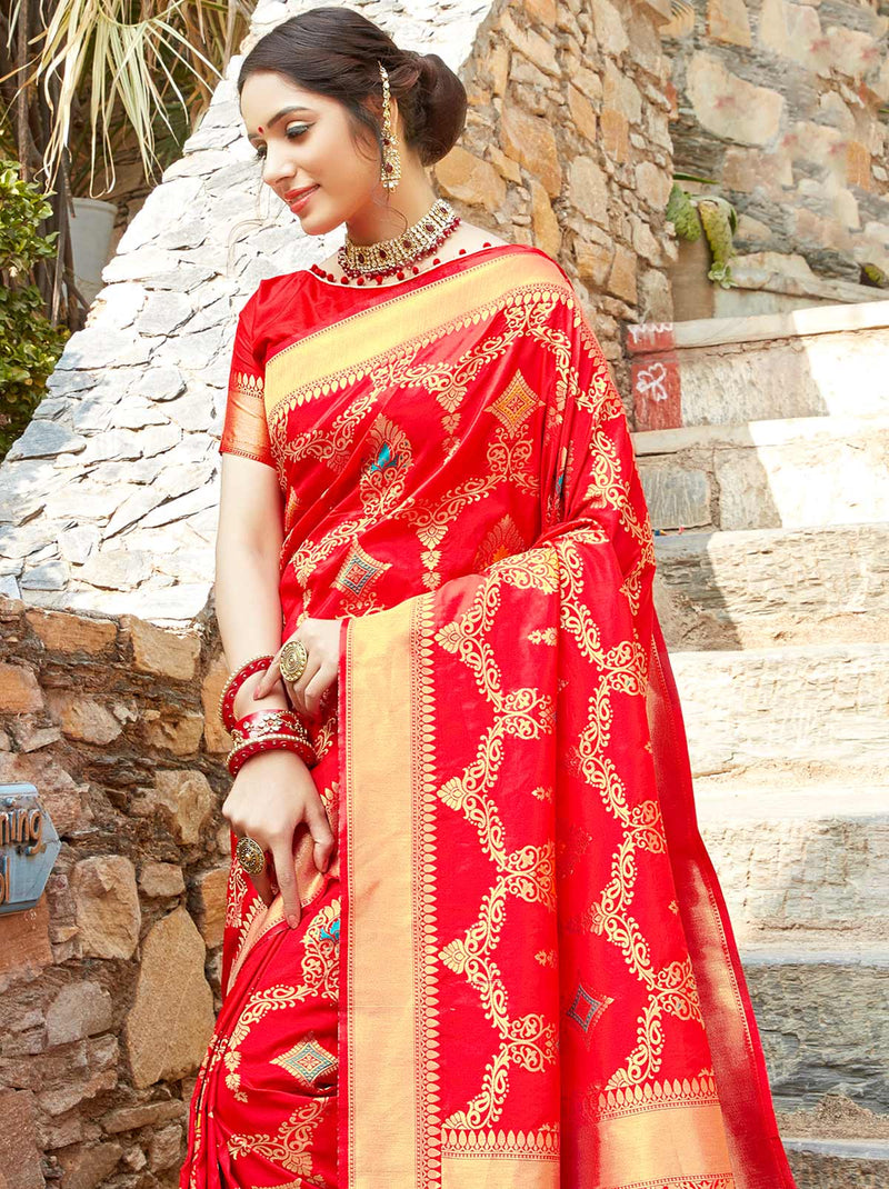Vibrant Banarasi Weave Saree with Woven Golden Border - TrendOye