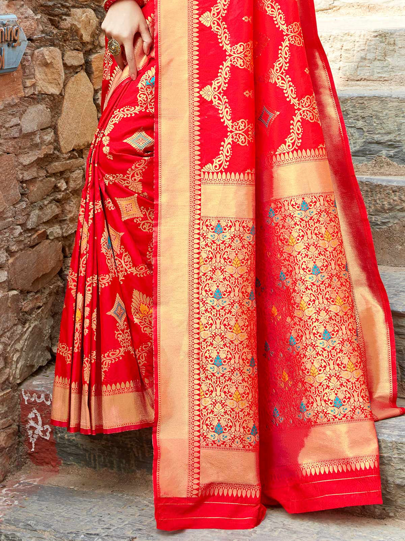 Vibrant Banarasi Weave Saree with Woven Golden Border - TrendOye