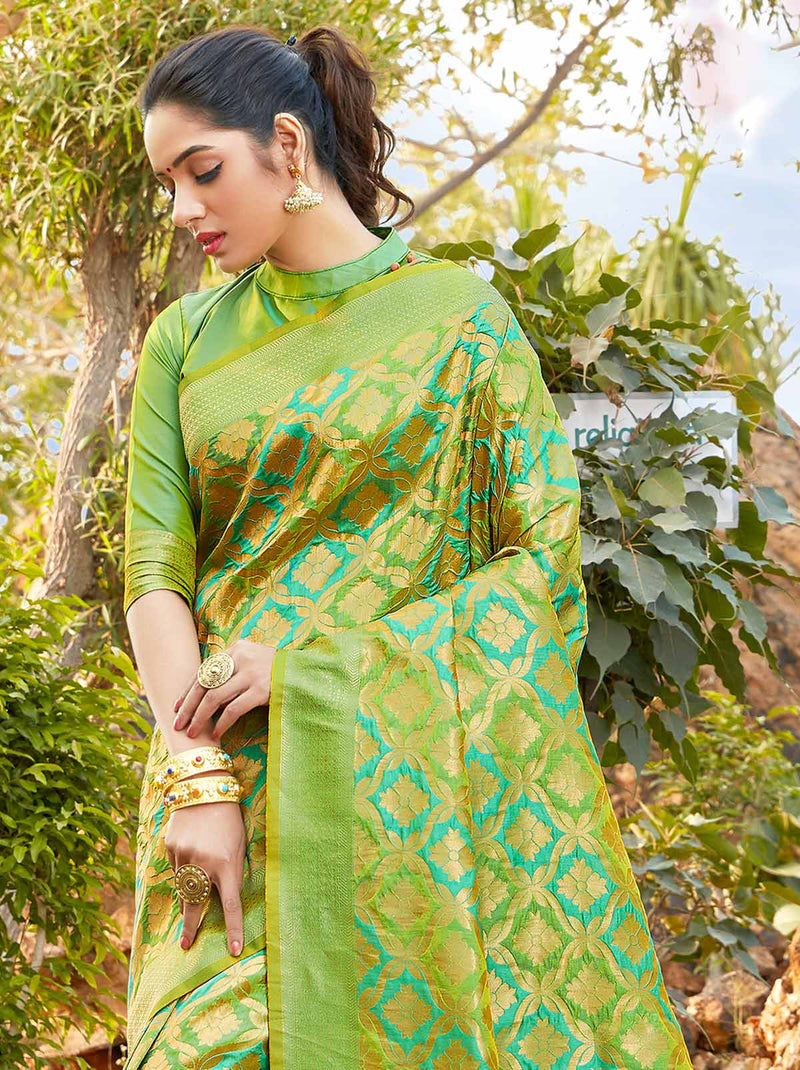 Gorgeous Green Silk Blend Saree with Gold Border - TrendOye