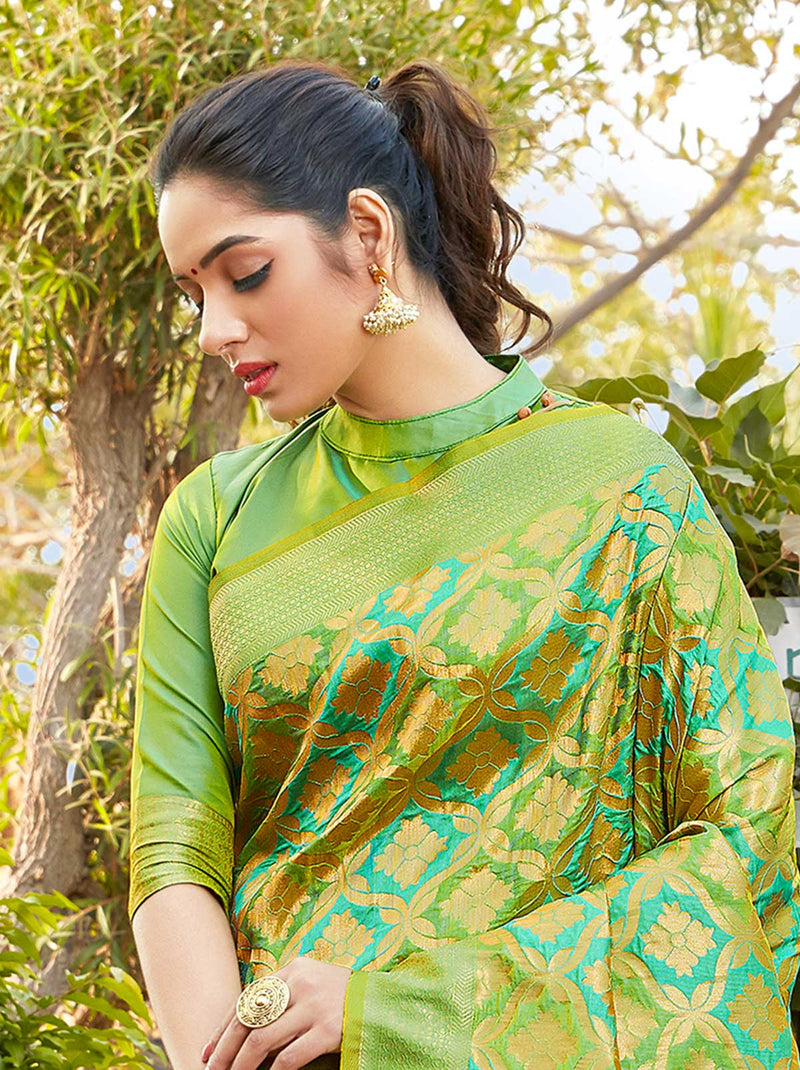 Gorgeous Green Silk Blend Saree with Gold Border - TrendOye