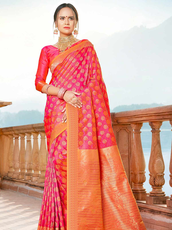 Fashionable Pink Banarasi Silk Saree with Gold Border - TrendOye