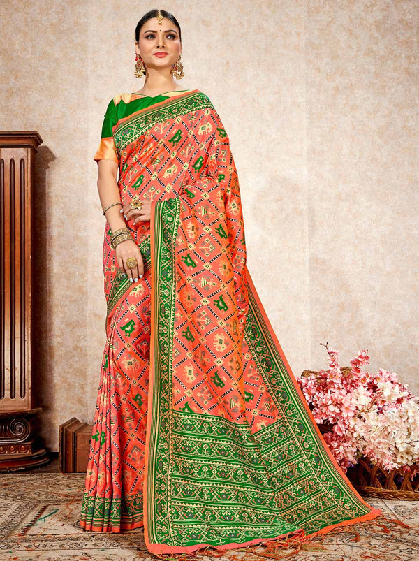Delicately pink patola saree with floral and bird patterns - TrendOye