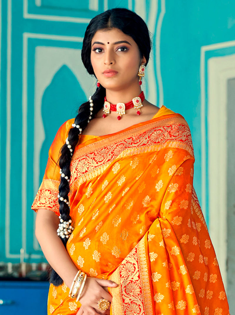 Oh So Wow! Orange Color Saree With Gold Work Detailing - TrendOye